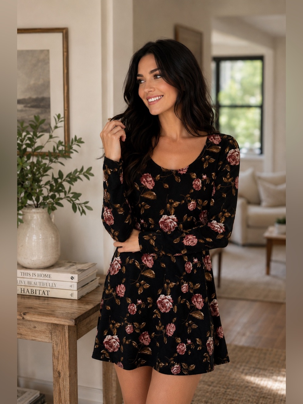 Forever 21 Floral Rose Print Black Long Sleeve Shift Dress